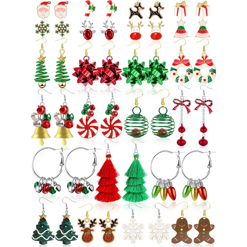 NONECN Christmas Earrings For Women Set Dangle Snowflake Bow Bells