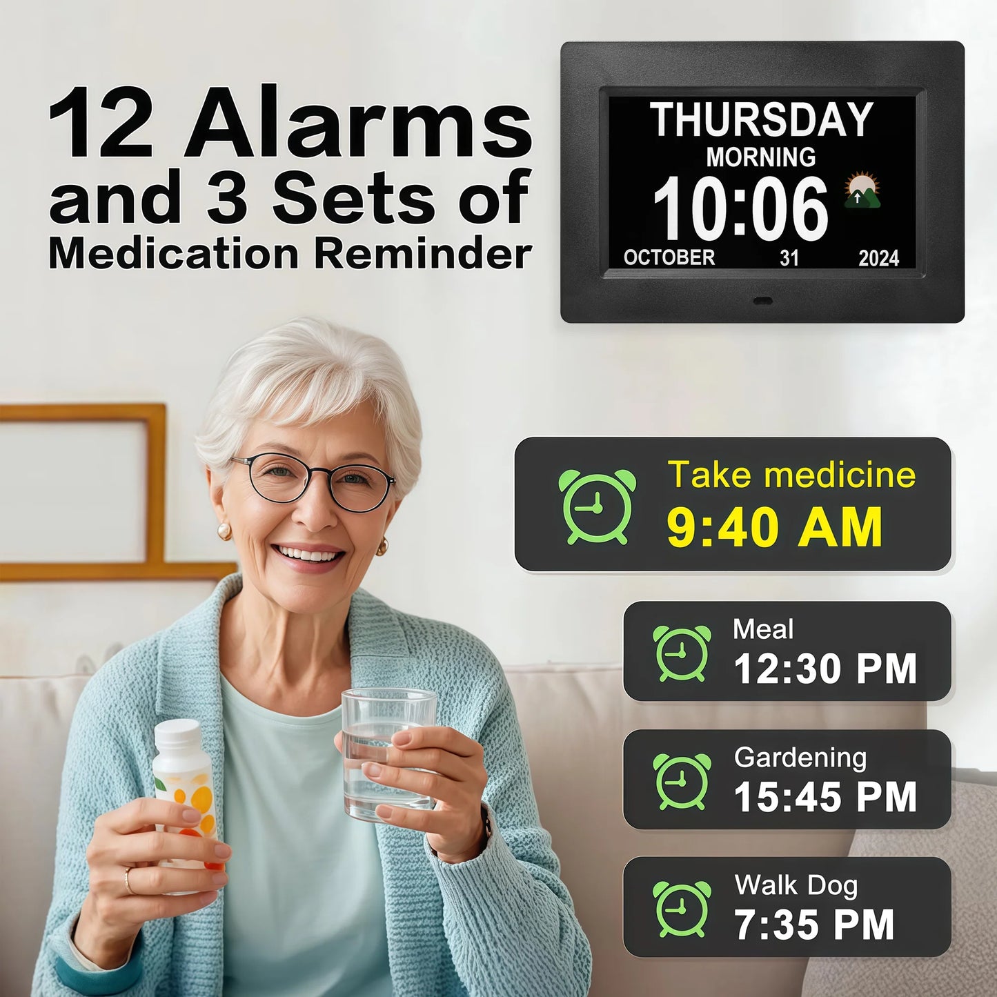 Dementia Clocks for Seniors, Digital Clock with Day and Date | Large Font, Multiple Alarm Clocks, Multiple Interface Displays, Automatic Dimming, Remote Control