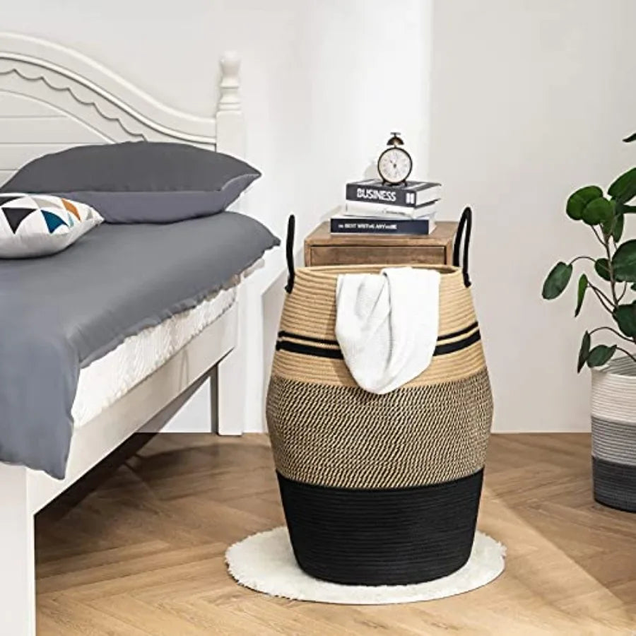 Rope Laundry Hamper by, 105L - Woven Collapsible Laundry Basket - Clothes Storage Basket for Blankets organizing, Bedroom Stora