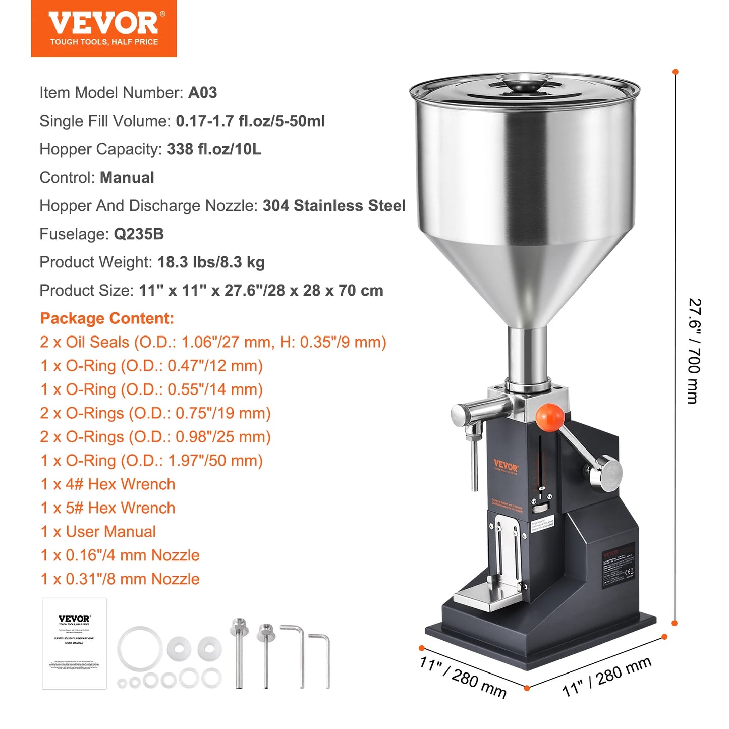 VEVOR A03 Manual Liquid Filling Machine 5-50ml And 5-100ml With Hopper
