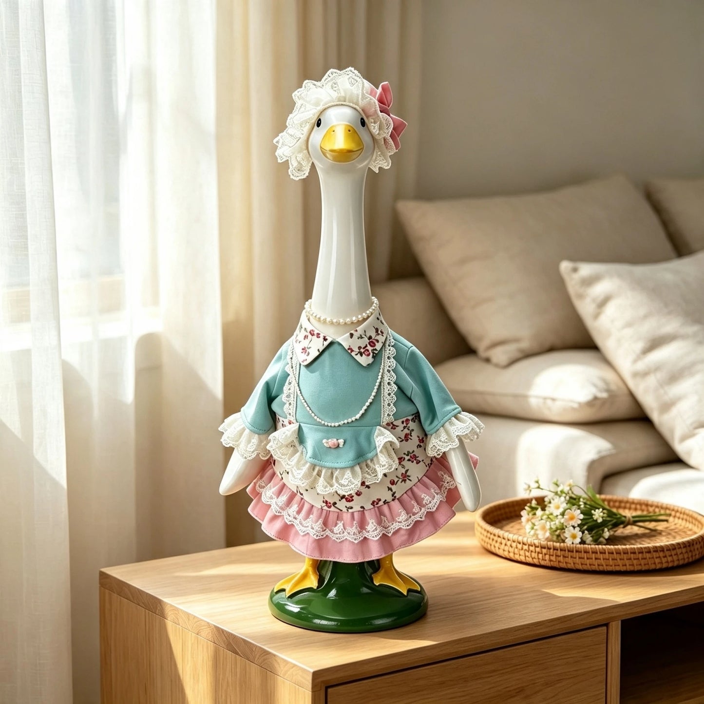 Resin Bronze Goose Statue Floral Lace Dress Hat for Garden Decor