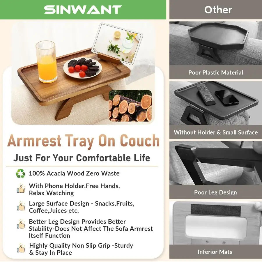 Couch Arm Table, Acacia Wood Sofa Arm Rest Tables Couch Armrest Table with 360 Phone Holder,Portable Sofa Armrest Tray for Drink