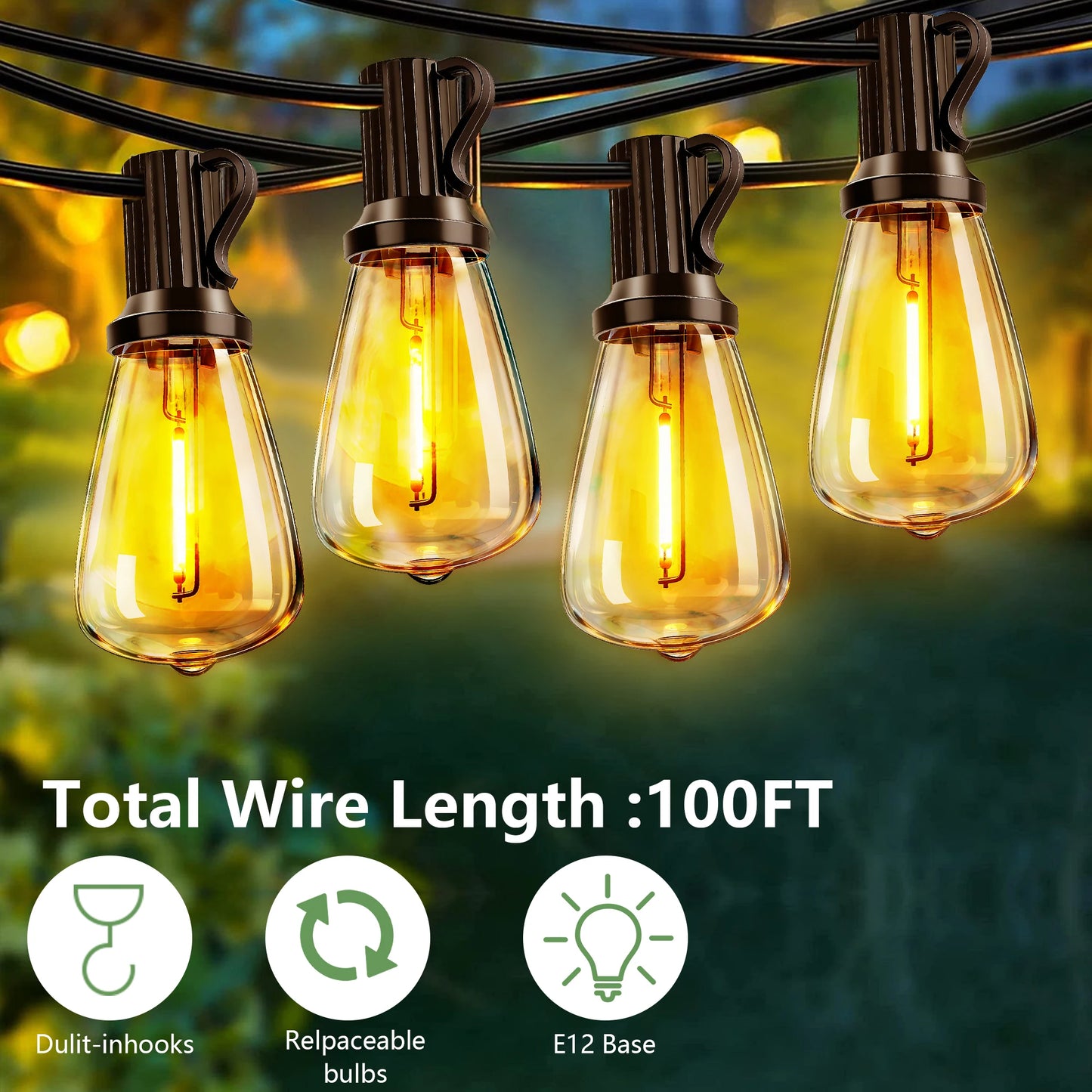 ARLGSITE Solar Outdoor String Lights IP65 Waterproof Shatterproof Bulbs
