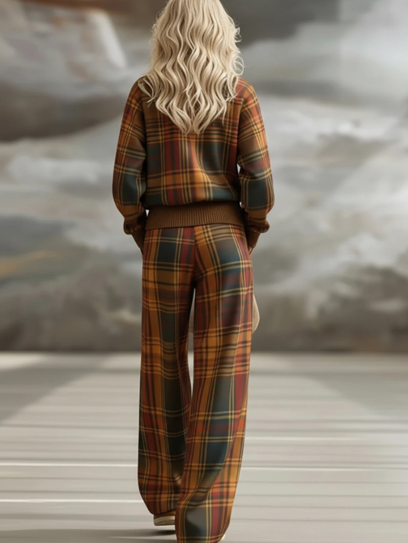 Women Plaid Matching Two Piece Casual Long Sleeve Outfit
