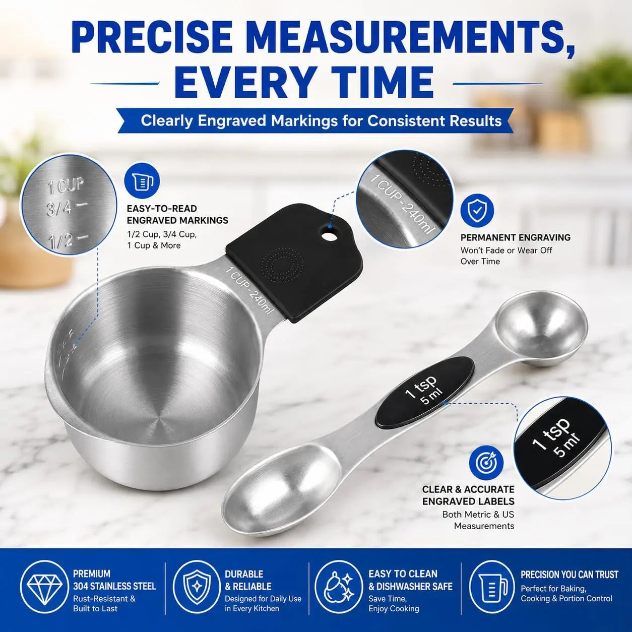 Magnetic Measuring Cups And Spoons Set Stainless Steel