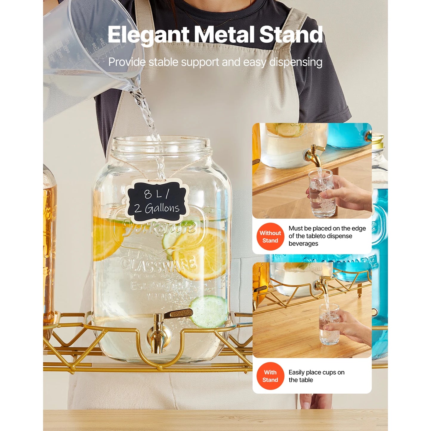 SucceBuy Beverage Dispenser Drink Dispensers for Parties, Glass Juice Dispenser with Metal Stand Lemonade Juice Water Dispensers