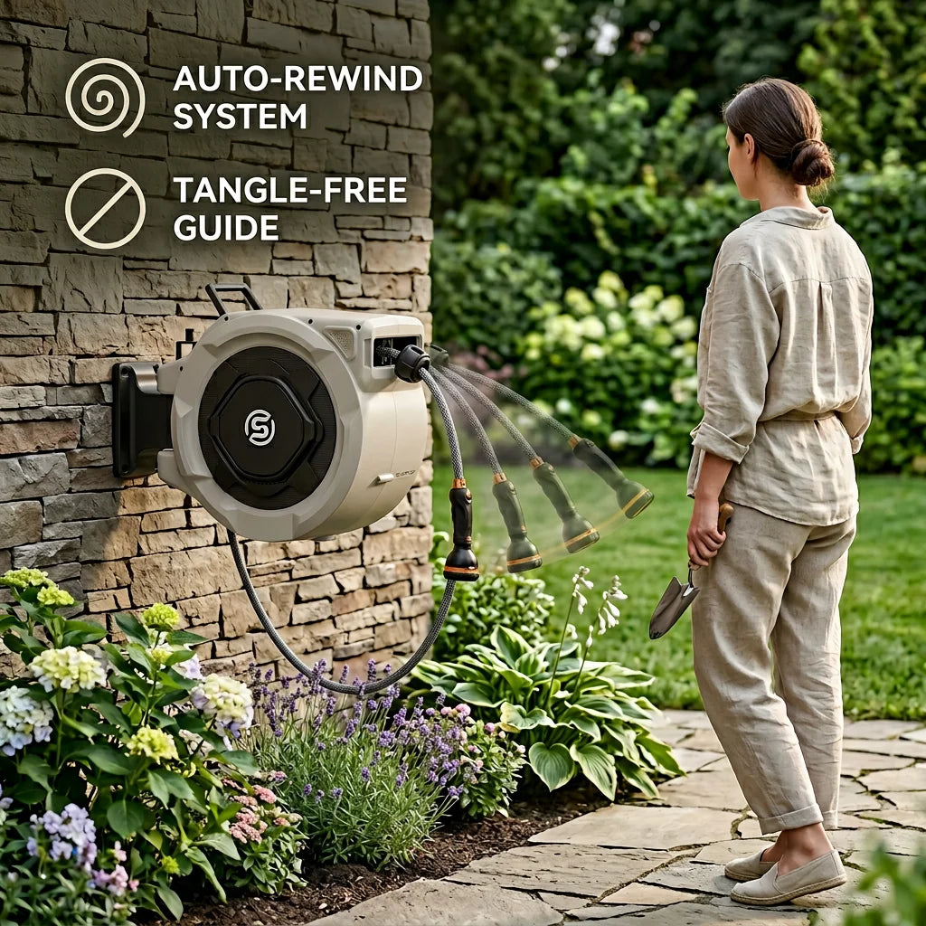 Sunpow Retractable Garden Hose Reel Wall Mount Auto Rewind