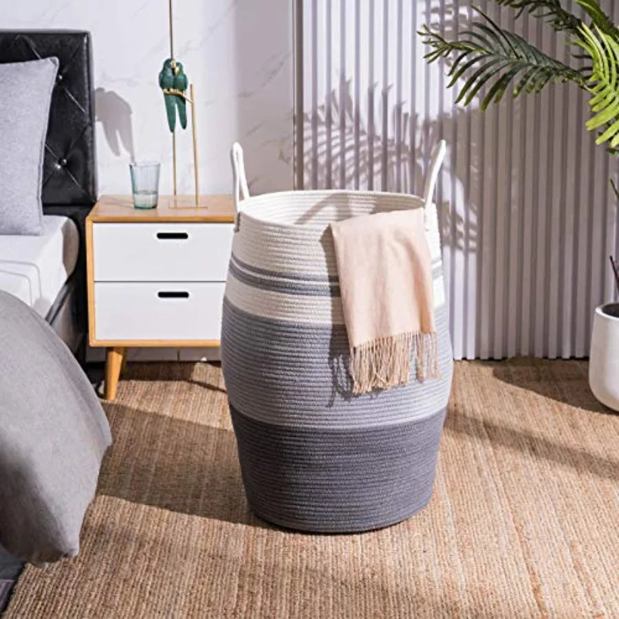Cotton Rope Laundry Hamper by, 105L - Woven Collapsible Laundry Basket - Clothes Storage Basket for Blankets organizing, Bedroo