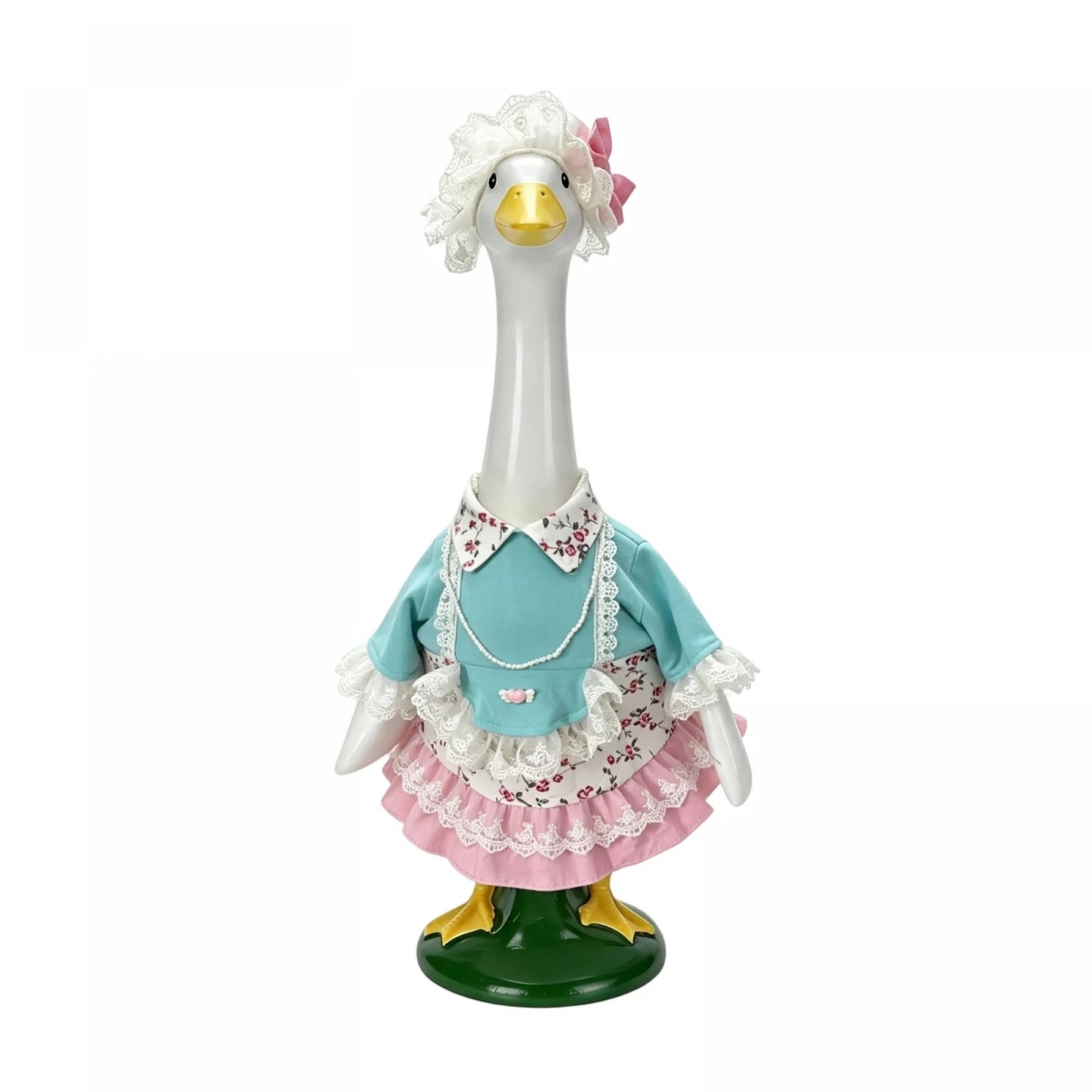 Resin Bronze Goose Statue Floral Lace Dress Hat for Garden Decor