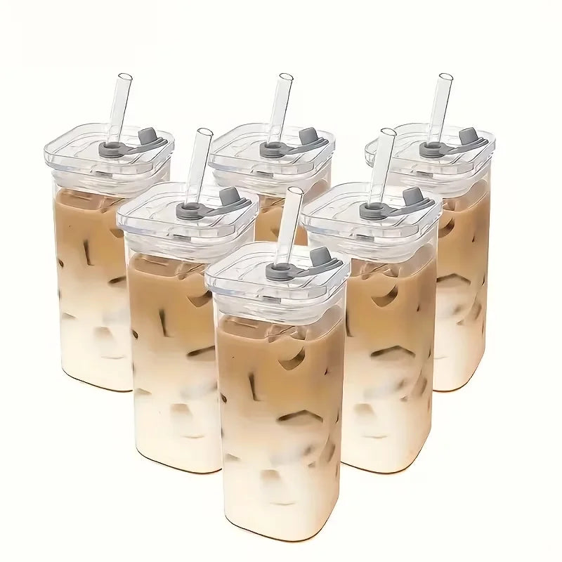 4Pcs Square Glass Cups Set 13oz Coffee Mugs With Lids Straws BPA Free With Cleaning Brush For Home Office School Outdoor Wedding Gift Drinkware