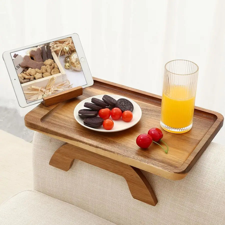 Couch Arm Table, Acacia Wood Sofa Arm Rest Tables Couch Armrest Table with 360 Phone Holder,Portable Sofa Armrest Tray for Drink