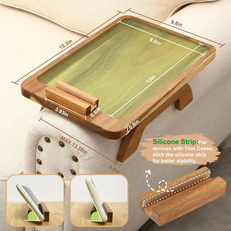 Couch Arm Table, Acacia Wood Sofa Arm Rest Tables Couch Armrest Table with 360 Phone Holder,Portable Sofa Armrest Tray for Drink