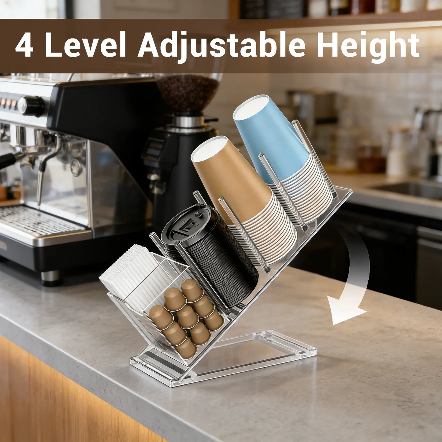 Acrylic Coffee Cup Holder Adjustable Disposable Cup Organizer for Coffee Bar Office Counter with Straw Pod Storage coffee pod and straw storage organizer