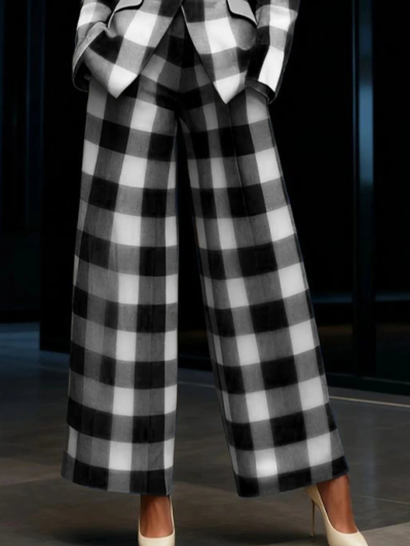 Women Plaid Blazer Wide Leg Pants Formal Two Piece Suit