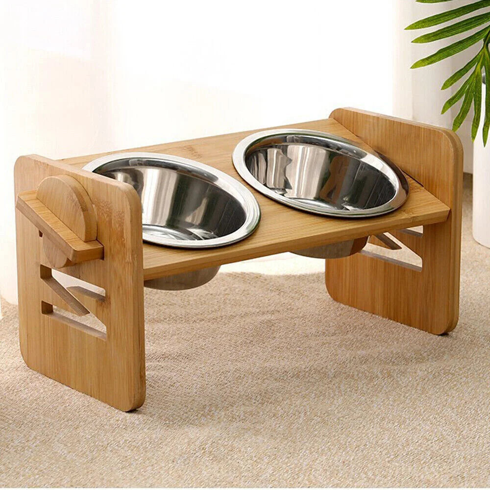 Adjustable Bamboo Raised Dog Bowl Stand with Stainless Steel Bowls