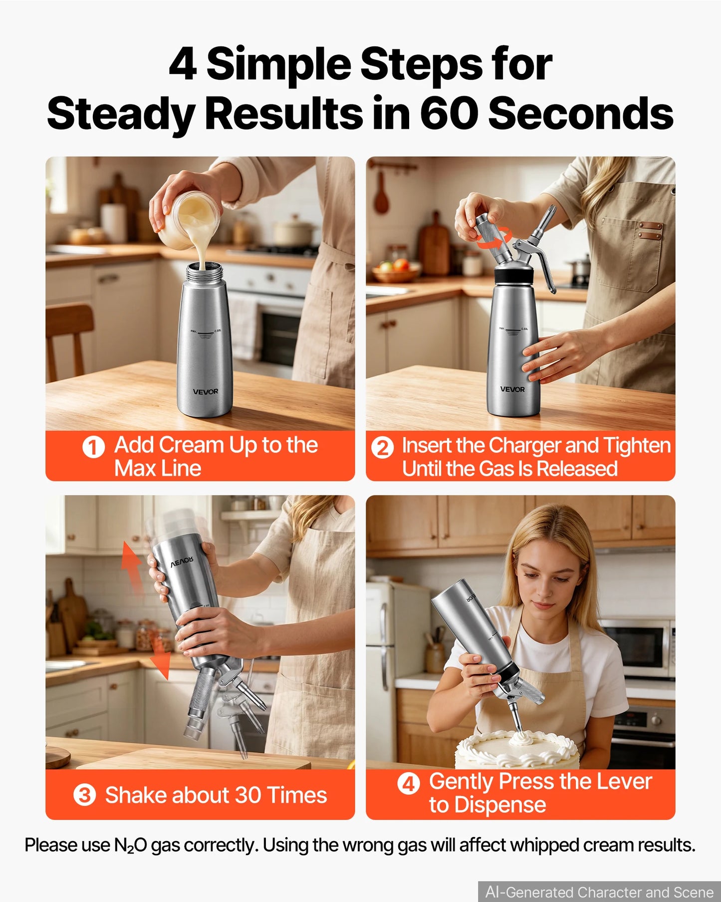 SucceBuy Professional 304 Stainless Steel Whipped Cream Dispenser 500/1000ml Leak-Free Cream Canister with 3 Decorating Nozzles