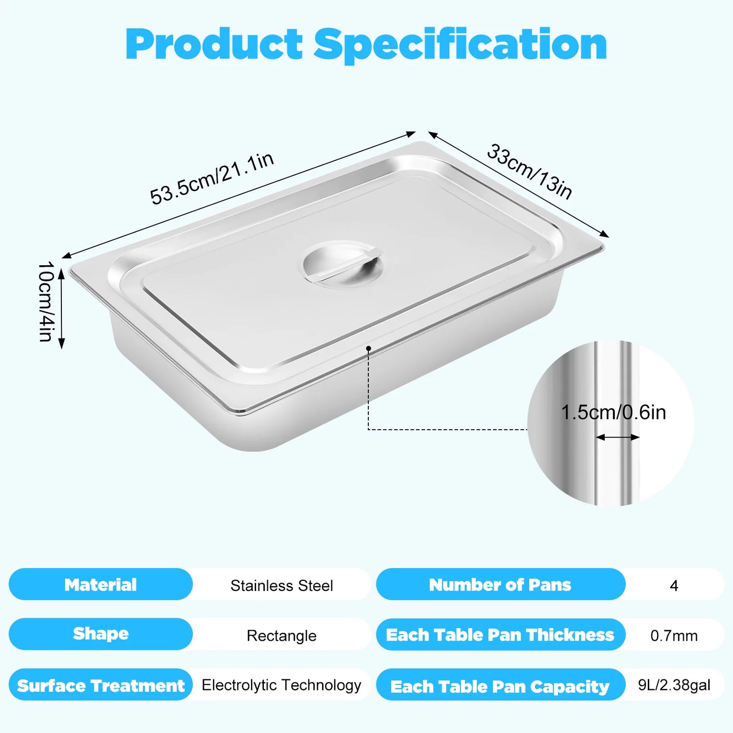 Stainless Steel Table Pans With Lids 4 Pack For Buffet Chafing Dishes