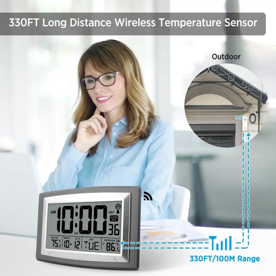 Atomic Wall Clock With Outdoor Indoor Temperature Large Display