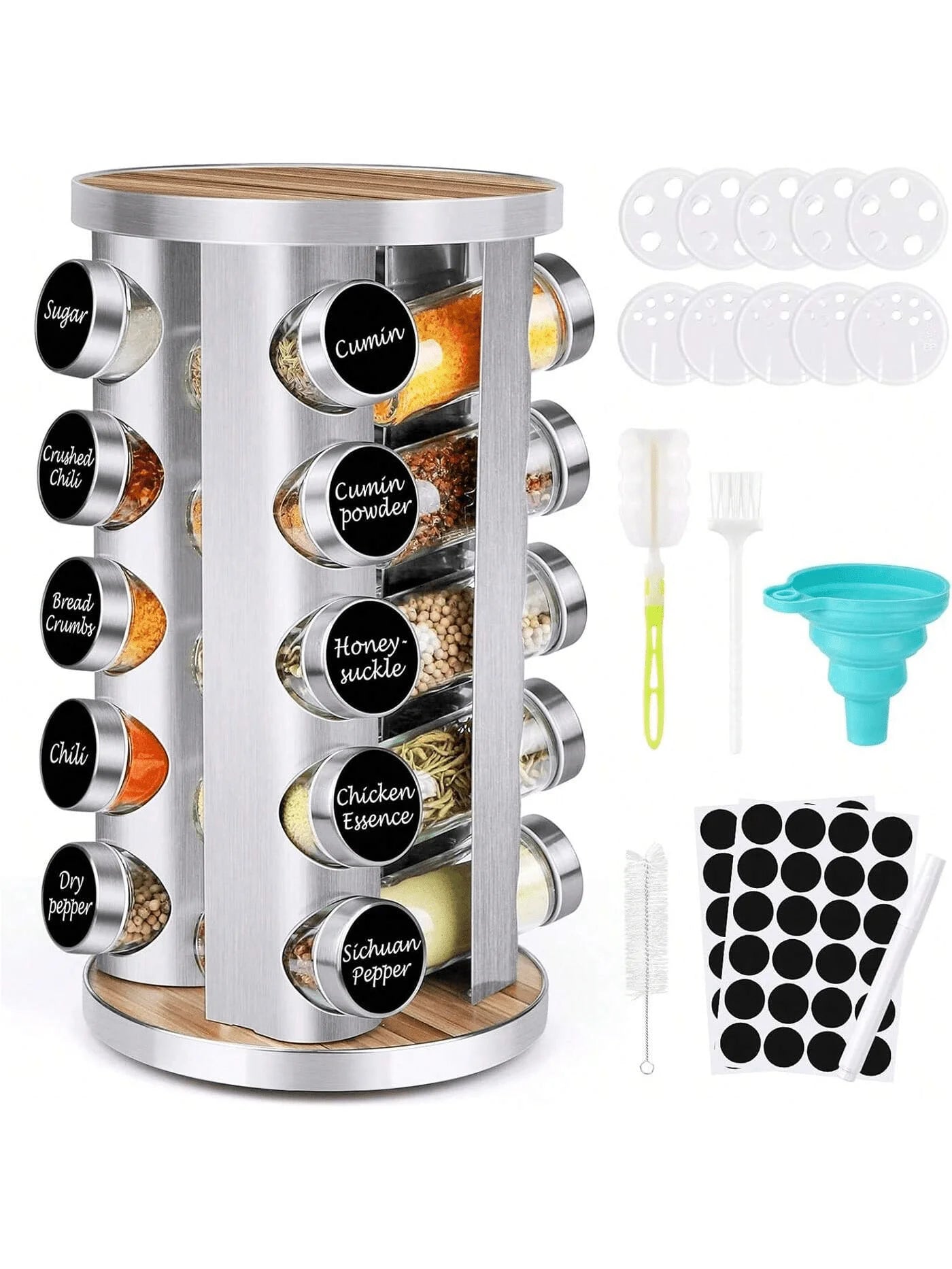 Spice Rack Organizer Revolving Jars Stainless Steel Wood