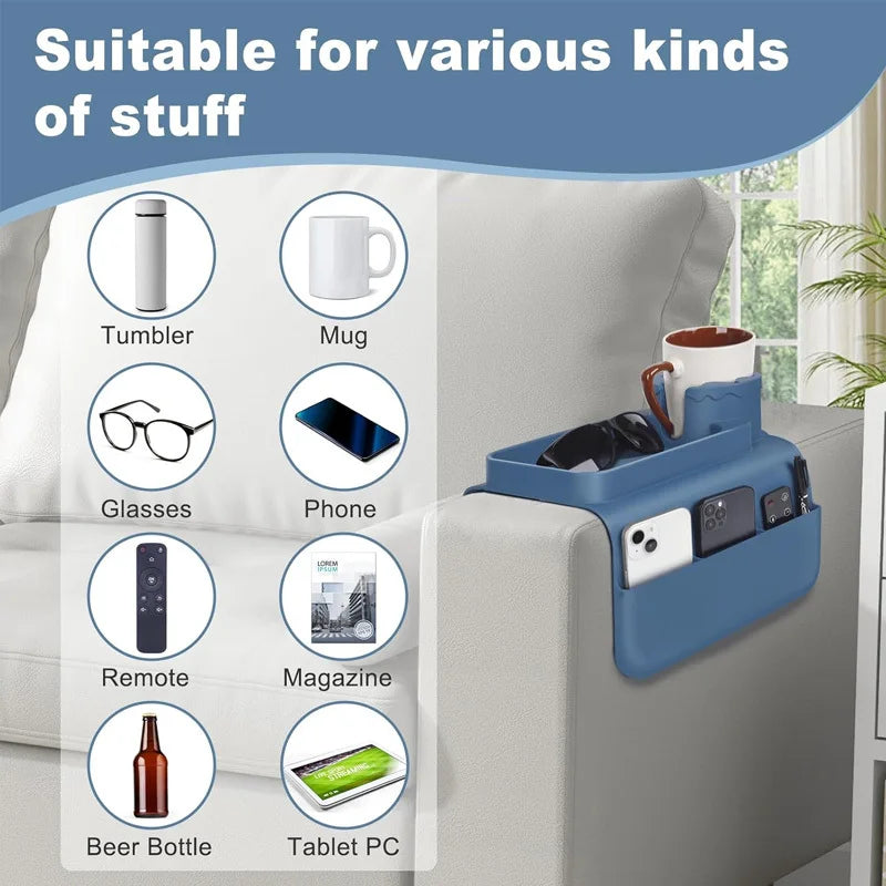Silicone Sofa Cup Holder, Oversized Anti-Spill & Non-Slip Couch Arm Tray with Side Pocket, Armrest Caddy for Drinks, Phone, Snac