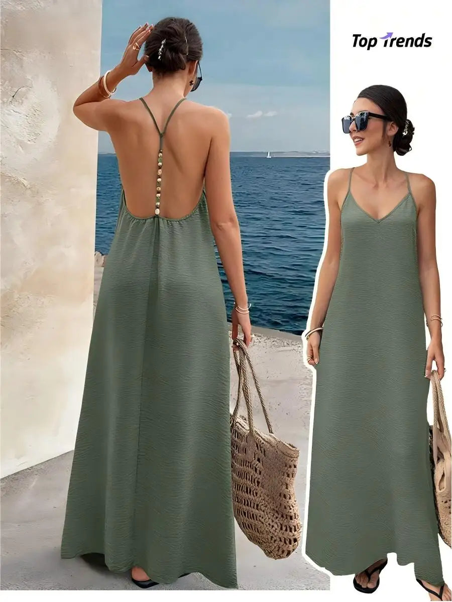 Chic Elegant Womens Ankle Length V Neck Polyester Dress