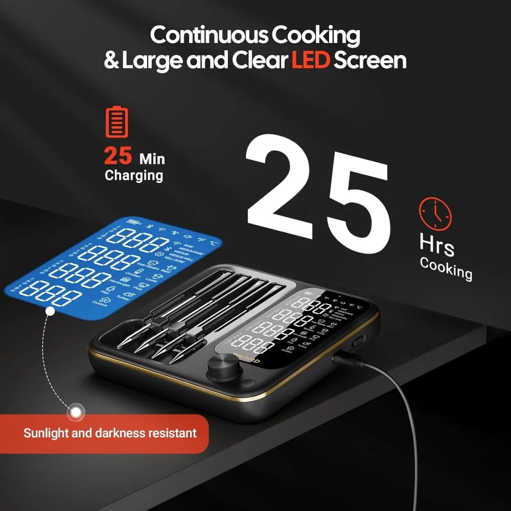 XMSJ Wireless Meat Thermometer With 360 Degree LCD And 4 Probes