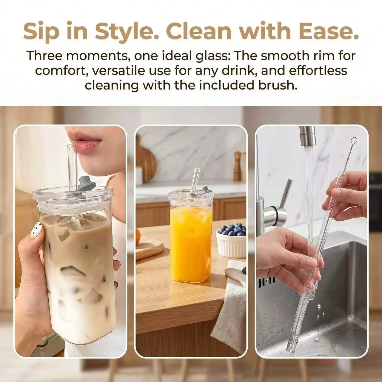4Pcs Square Glass Cups Set 13oz Coffee Mugs With Lids Straws BPA Free With Cleaning Brush For Home Office School Outdoor Wedding Gift Drinkware