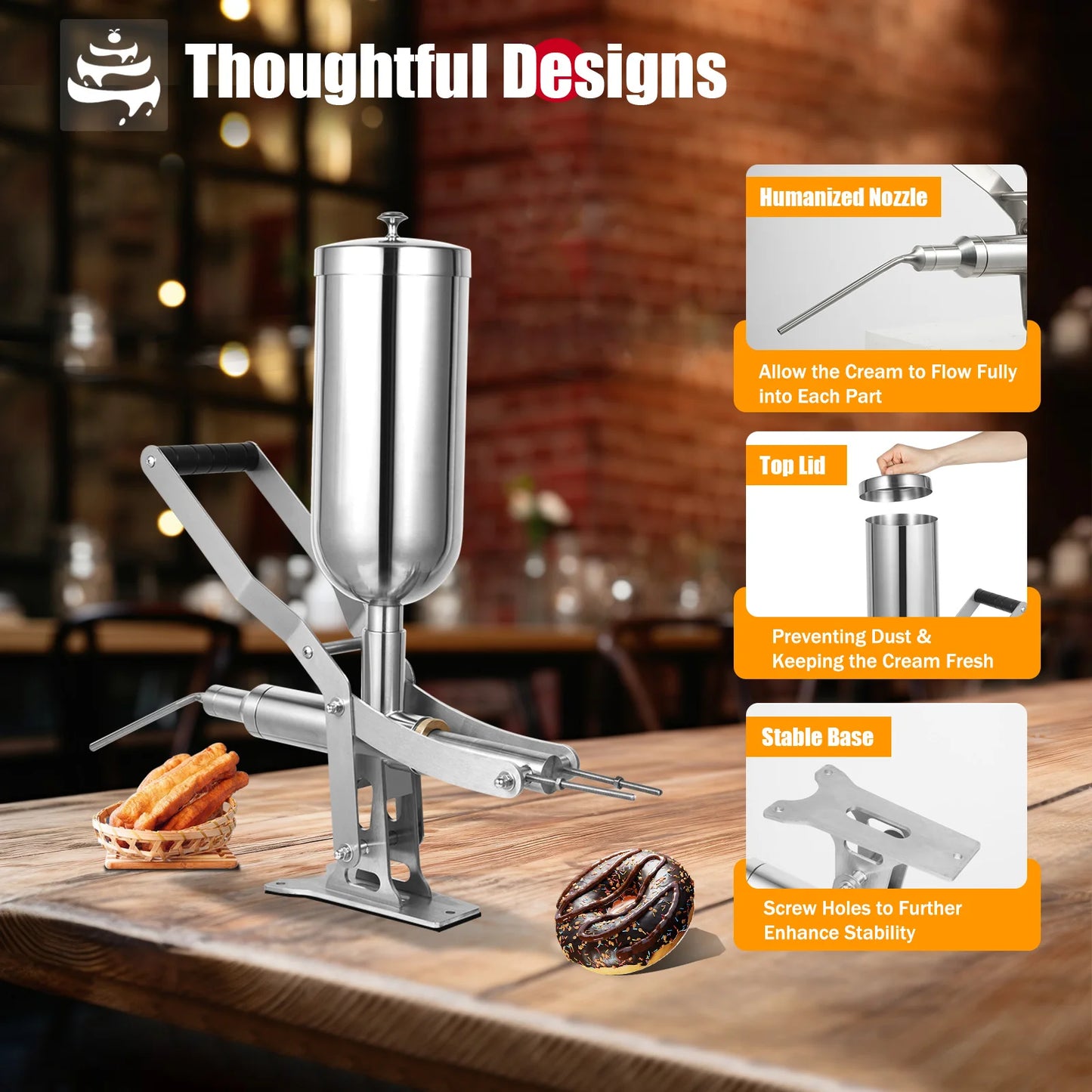 Manual Donut Filler, 5L 304 Stainless Steel Countertop Injector, 4 Interchangeable Nozzles Dustproof Hopper Cover Mountable Y Base Hand-operated Filling Machine For Bakery Cafe Dessert Shop Cream Jam Dispensing