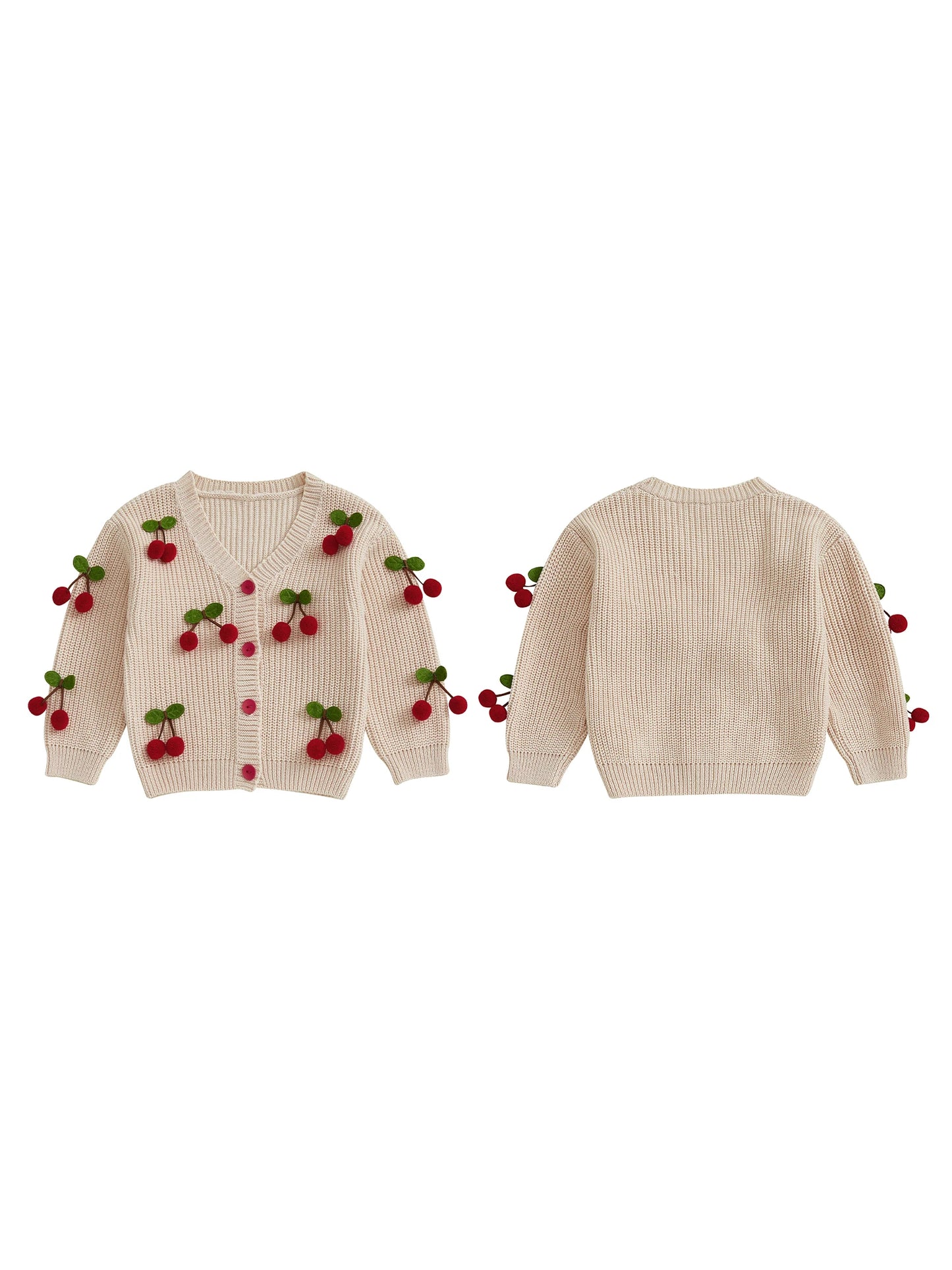 Girls Knit Cardigan Sweater V Neck Button Up Cherry Embellishments