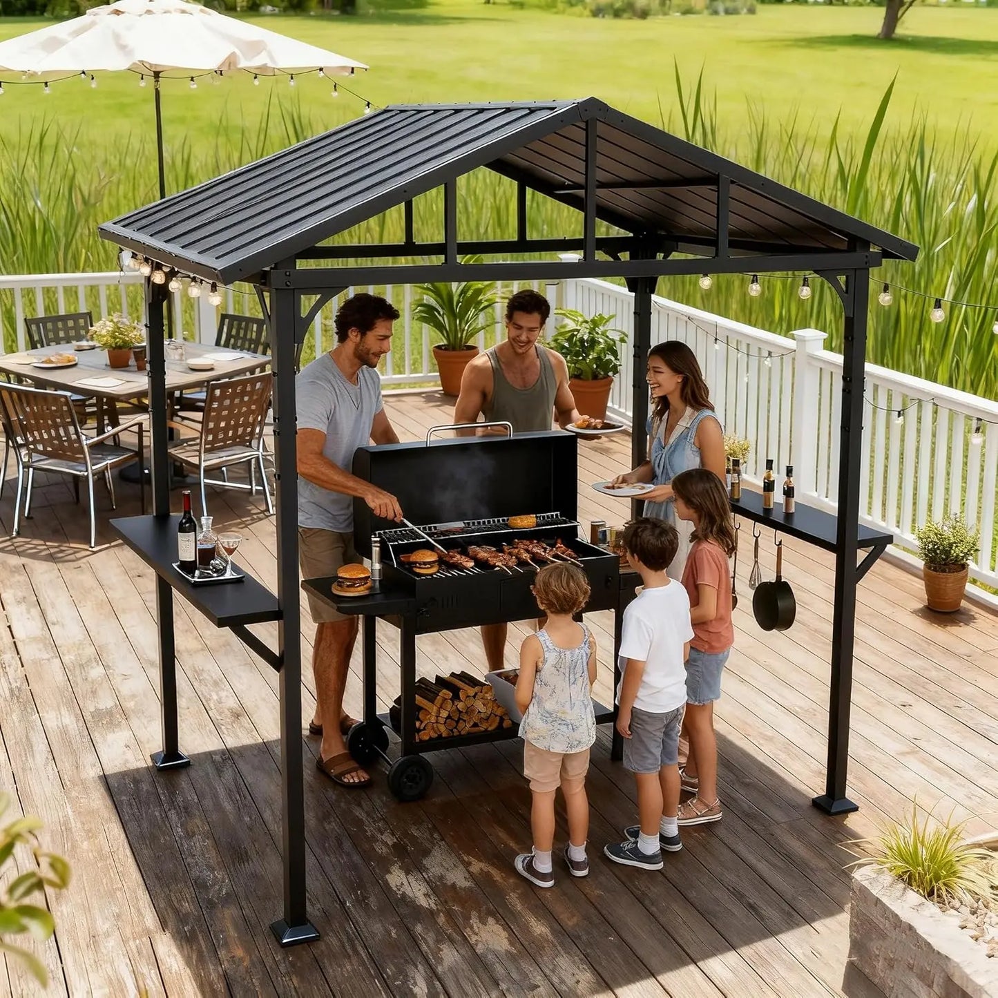 Metal BBQ Grill Gazebo With Triangular Roof And Side Shelves