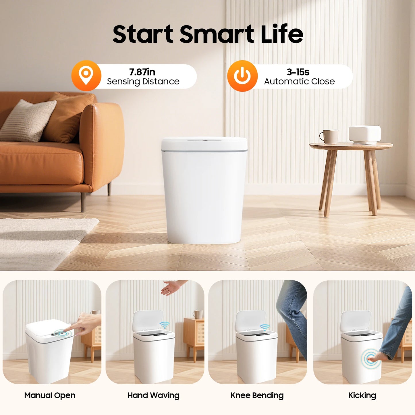 Bymaocar Intelligent Sensor Trash Can Touchless PP Waterproof IPX5