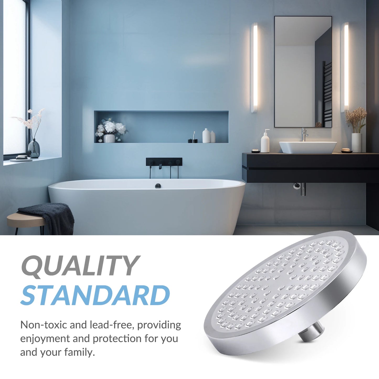 Stainless Steel Rain Shower Head High Pressure Adjustable Wall Mounted