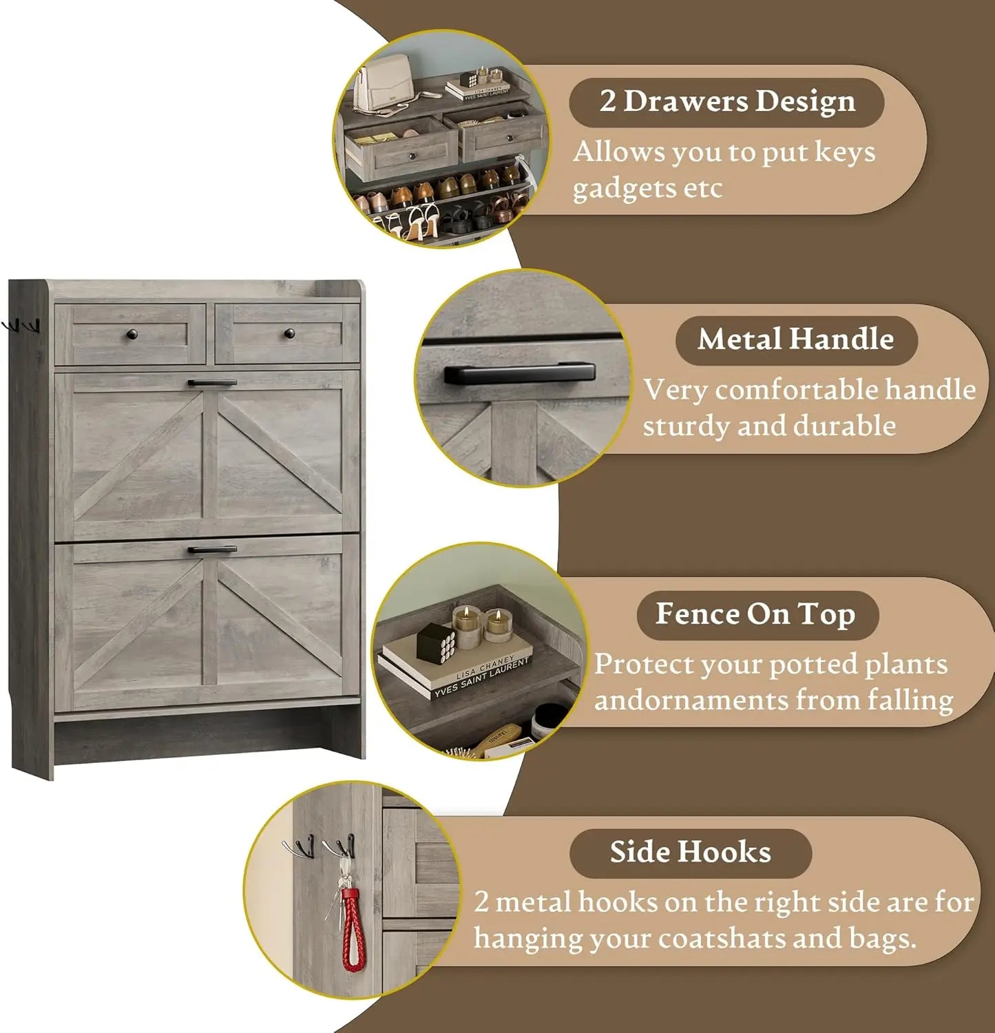 Shoe Storage Cabinet For Entryway Narrow With Drawers And Hooks