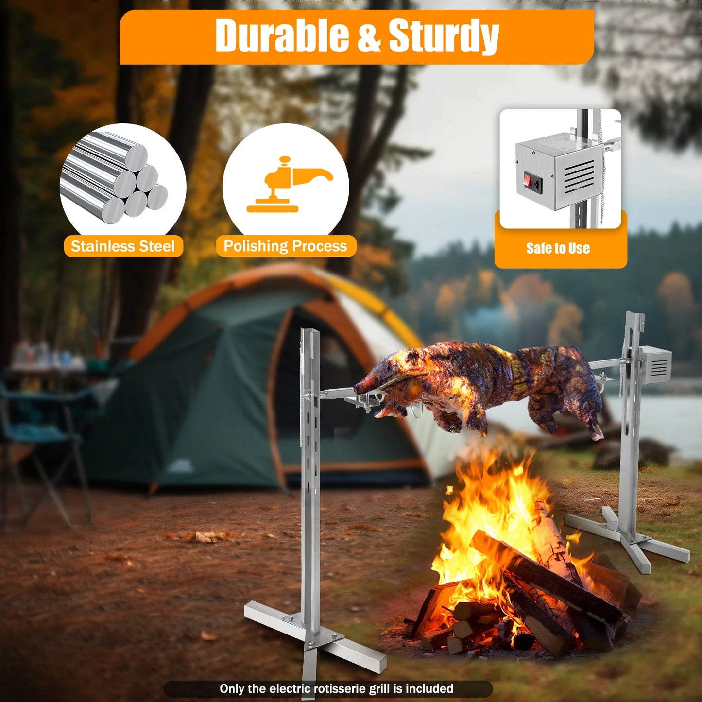 Automatic BBQ Rotisserie Kit Stainless Steel With Height Adjustable Stand