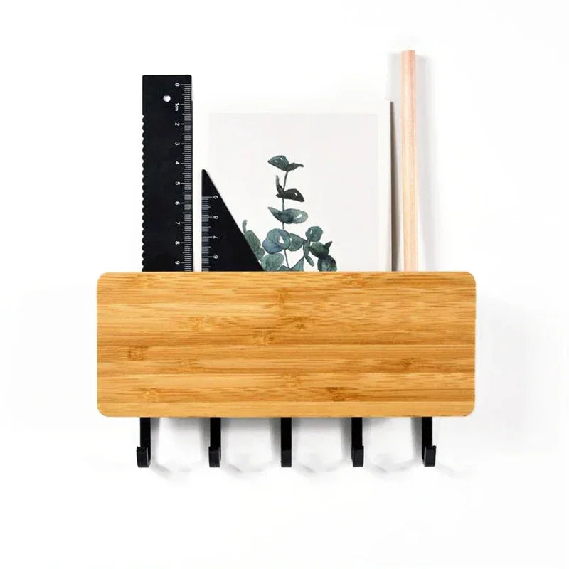 Wall Hanging Bamboo Key Organizer With 6 Hooks For Home