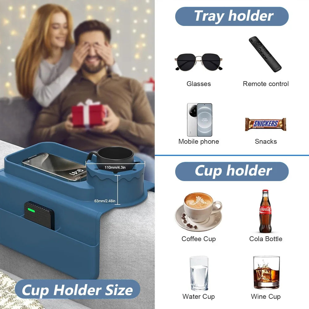Silicone Sofa Cup Holder, Oversized Anti-Spill & Non-Slip Couch Arm Tray with Side Pocket, Armrest Caddy for Drinks, Phone, Snac