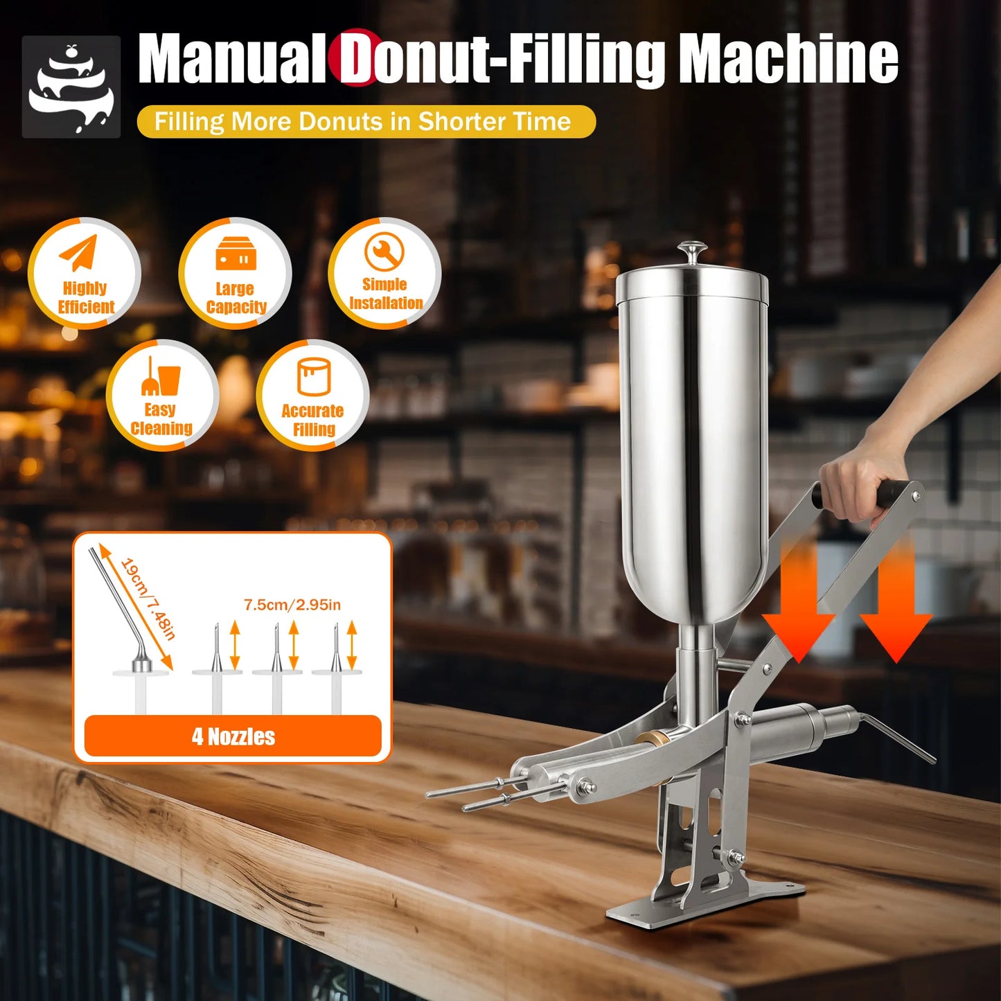 Manual Donut Filler, 5L 304 Stainless Steel Countertop Injector, 4 Interchangeable Nozzles Dustproof Hopper Cover Mountable Y Base Hand-operated Filling Machine For Bakery Cafe Dessert Shop Cream Jam Dispensing