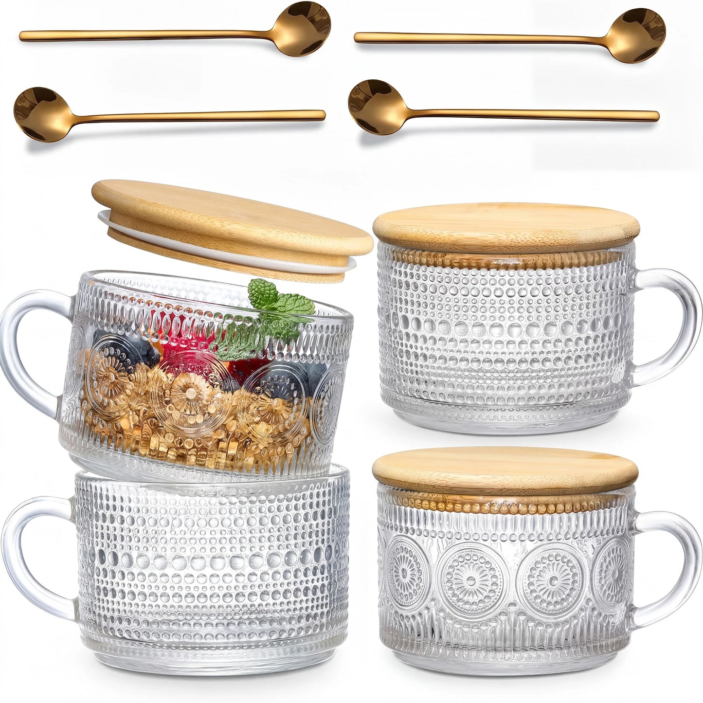 14 OZ Glass Coffee Mugs Set, 4-Piece Vintage Embossed Cups with Bamboo Lids and Spoons for Coffee Oatmeal Yogurt
