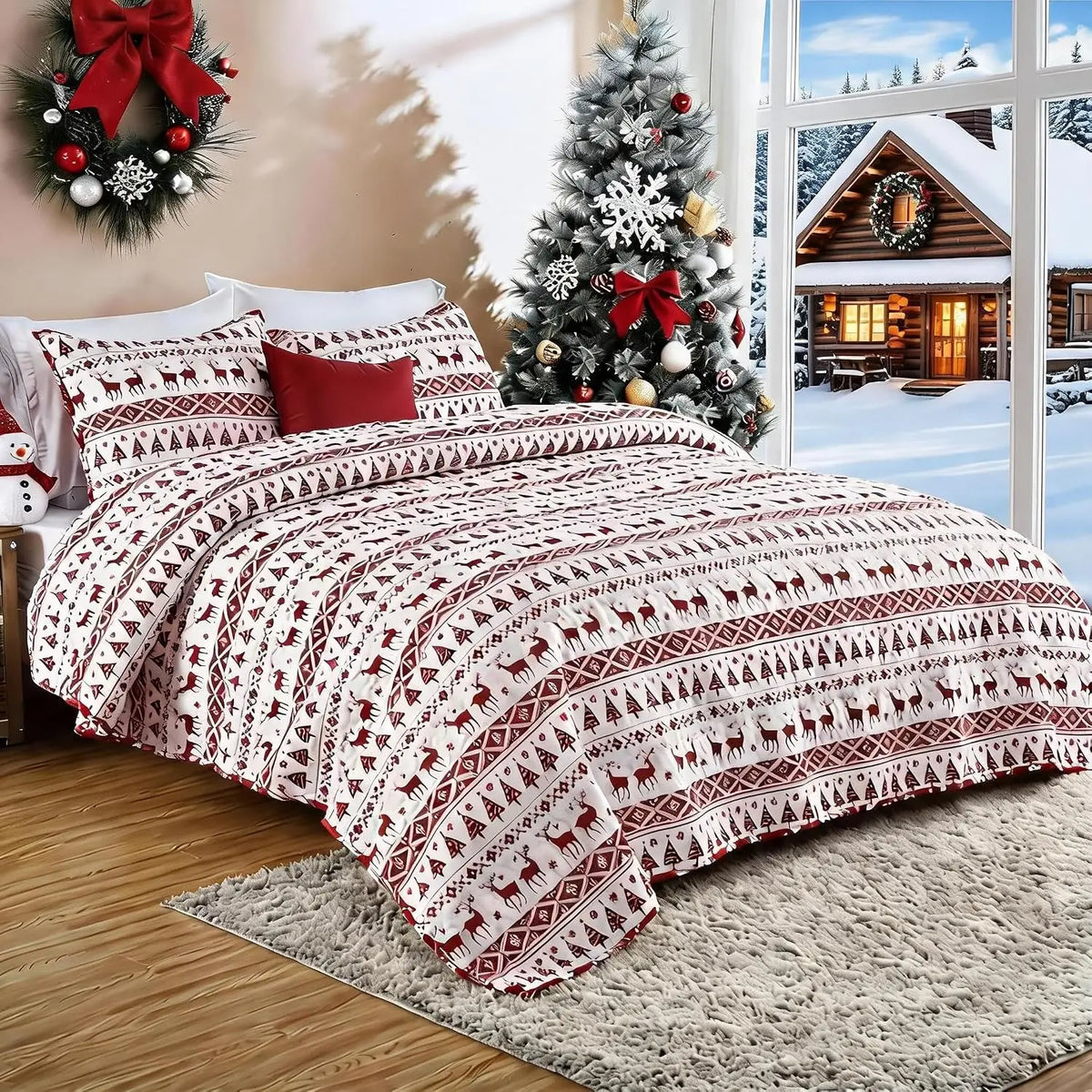 Christmas Snowflake Fleece Quilt Set With Soft Warm Bedding Blankets