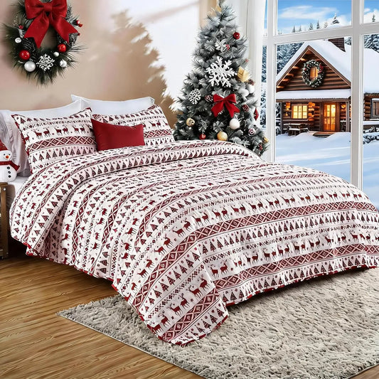 Christmas Snowflake Fleece Quilt Set With Soft Warm Bedding Blankets