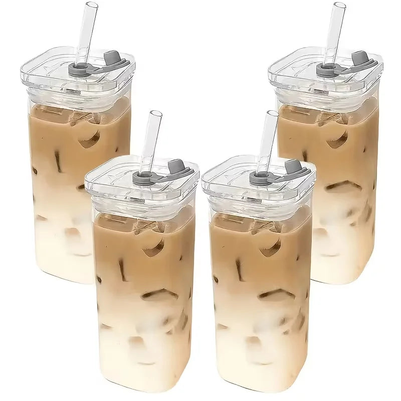 4Pcs Square Glass Cups Set 13oz Coffee Mugs With Lids Straws BPA Free With Cleaning Brush For Home Office School Outdoor Wedding Gift Drinkware