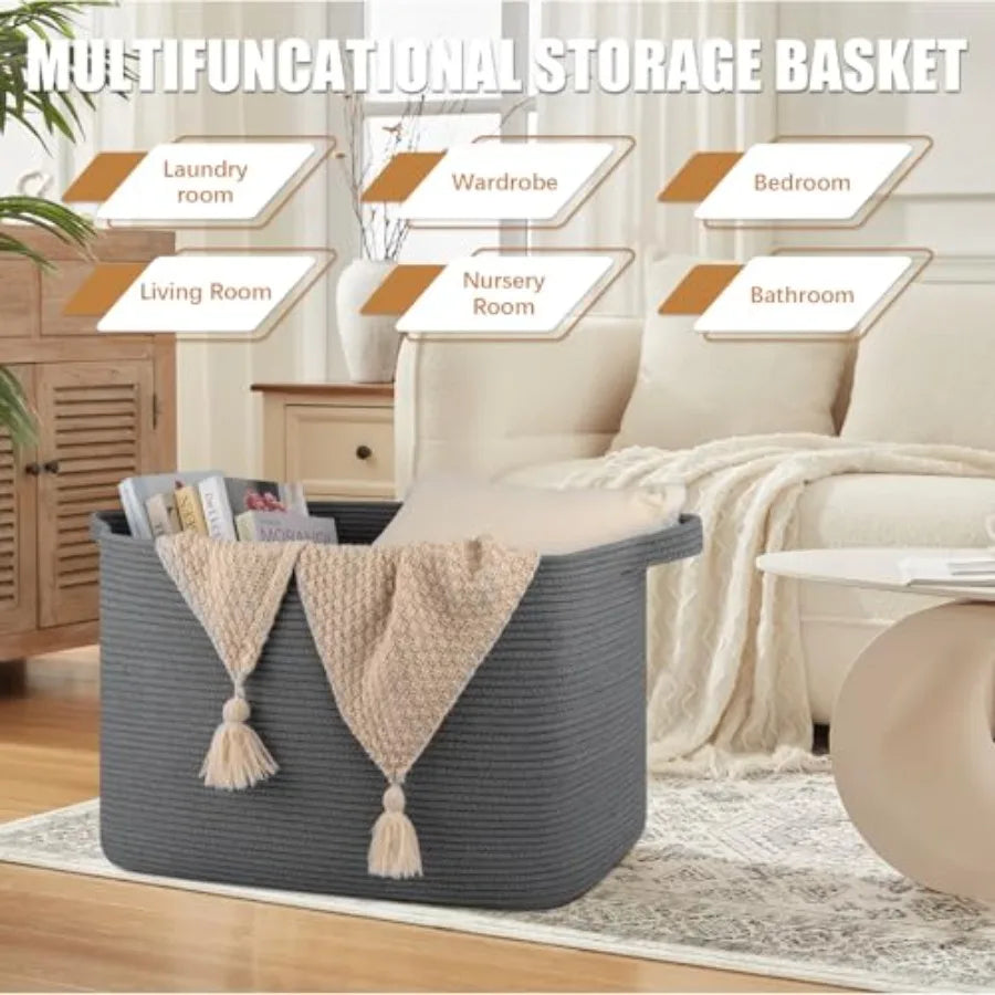 118L Extra Large Blanket Basket, 24.8"x17.7"x16.2" Woven Rope Baskets for Storage, Nursery Blanket Storage for Living Room, Toy