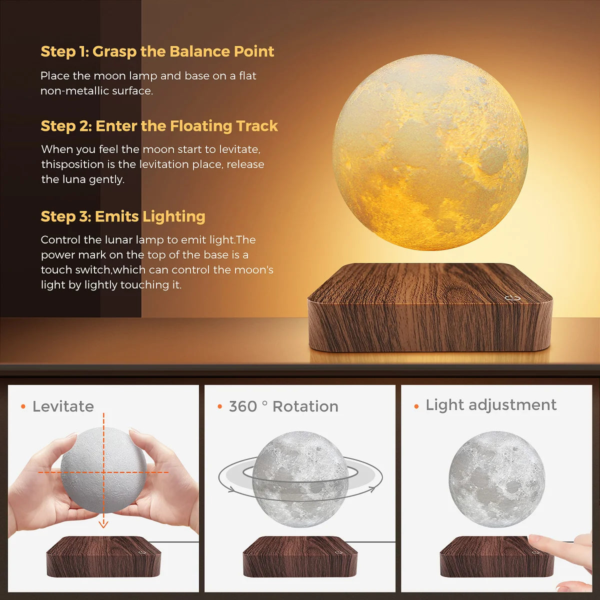Mexllex Magnetic Floating Moon Lamp LED Night Light Wooden Base