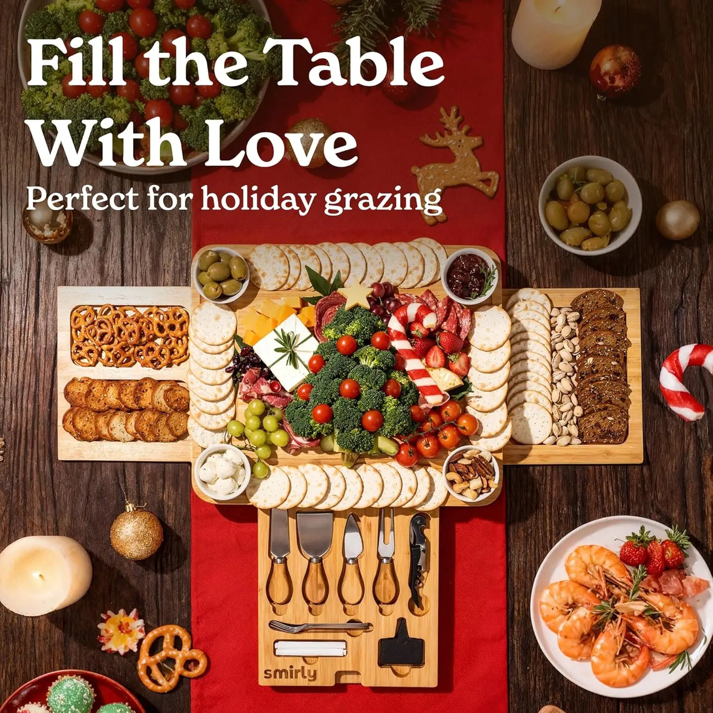 Bamboo Cheese Board Set With Knives And Bowls For Entertaining