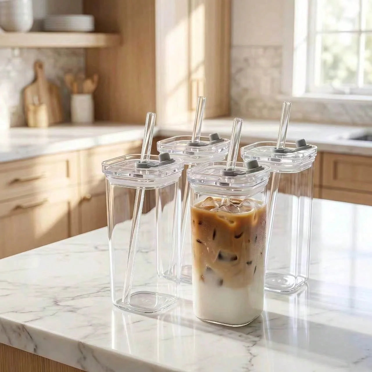 4Pcs Square Glass Cups Set 13oz Coffee Mugs With Lids Straws BPA Free With Cleaning Brush For Home Office School Outdoor Wedding Gift Drinkware