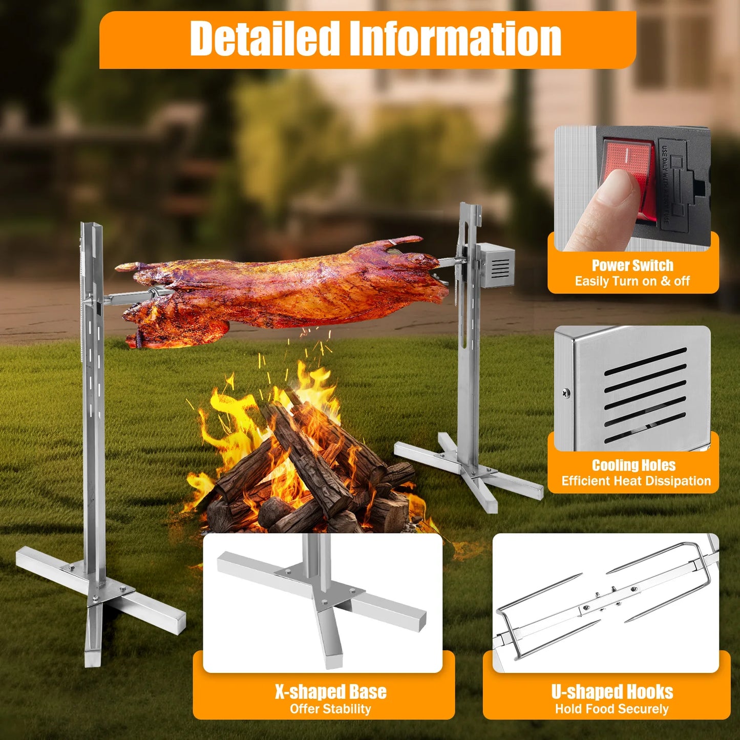 Automatic BBQ Rotisserie Kit Stainless Steel With Height Adjustable Stand