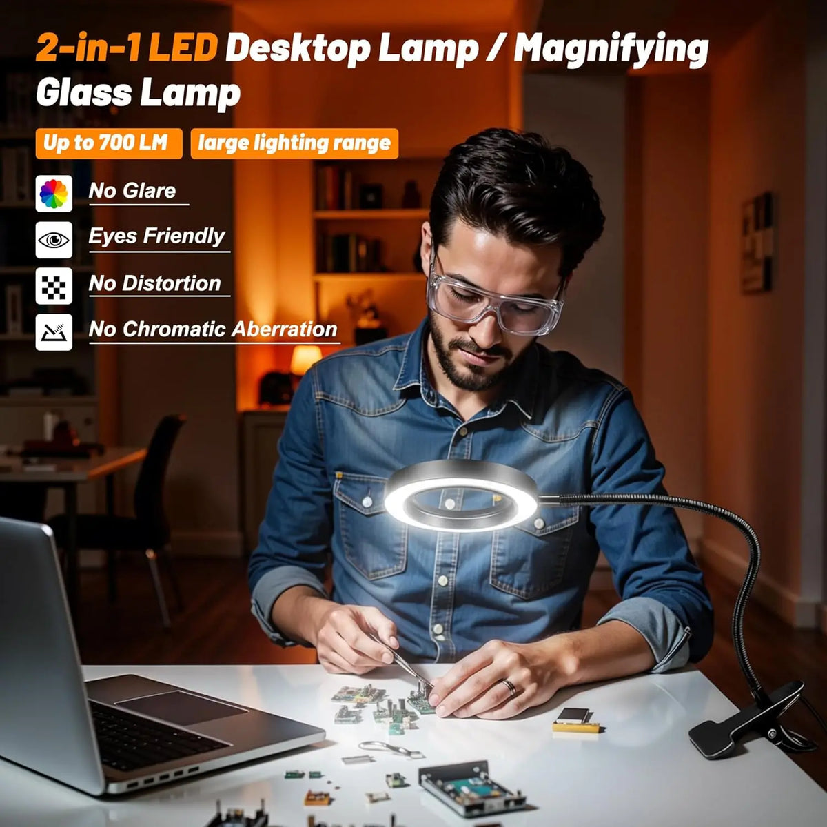 DUMILOO LED Clip On Magnifying Lamp With 5X Lens Gooseneck