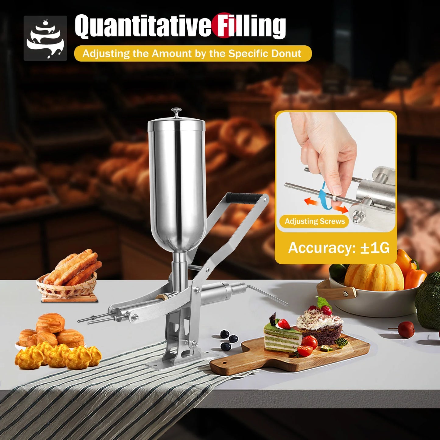 Manual Donut Filler, 5L 304 Stainless Steel Countertop Injector, 4 Interchangeable Nozzles Dustproof Hopper Cover Mountable Y Base Hand-operated Filling Machine For Bakery Cafe Dessert Shop Cream Jam Dispensing