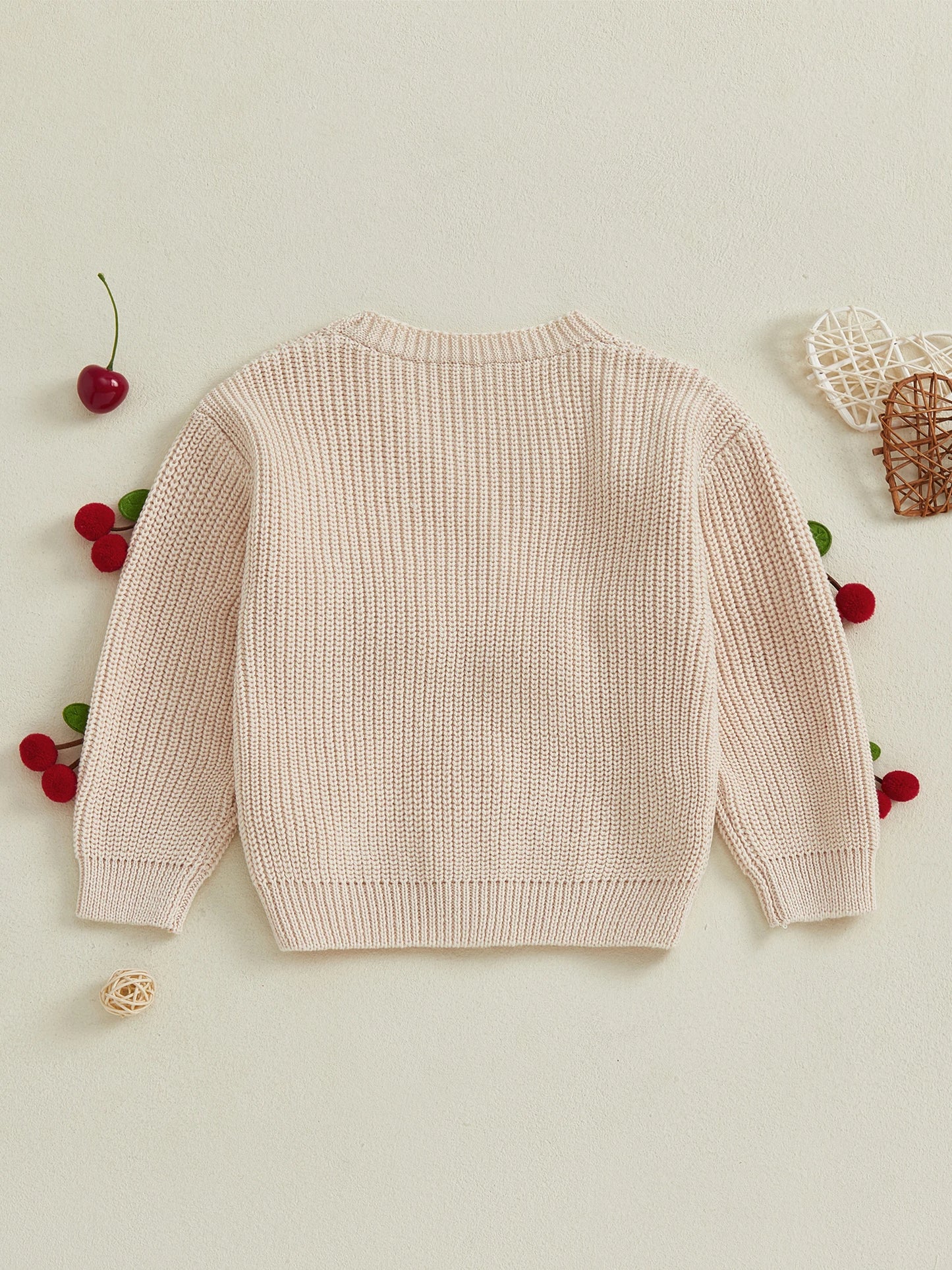Girls Knit Cardigan Sweater V Neck Button Up Cherry Embellishments