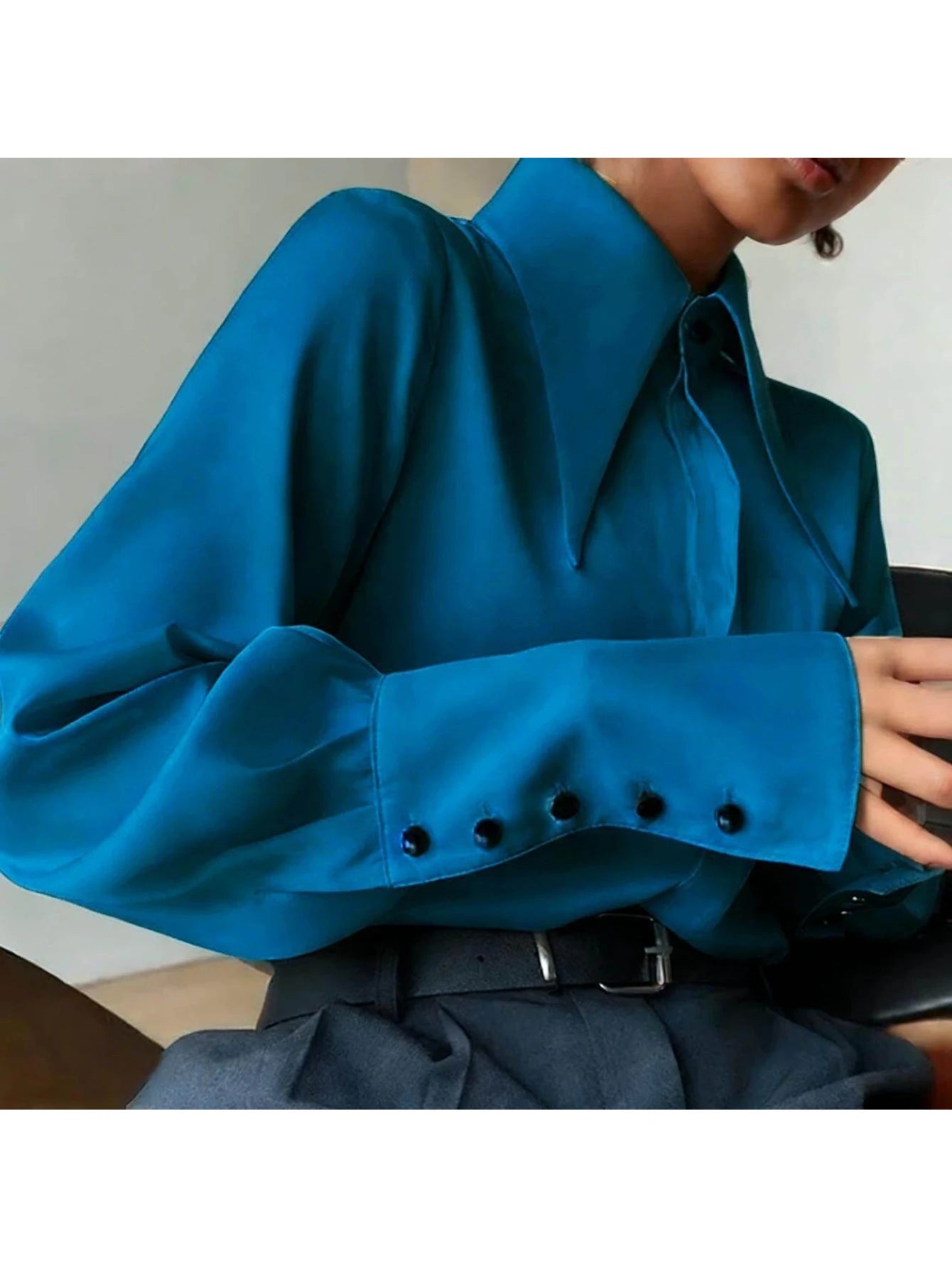Women Elegant Sharp Point Collar Blouse Long Sleeve Button Office